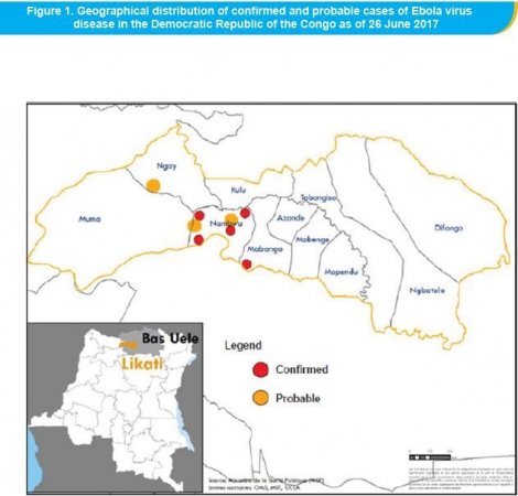 2017年6月26日刚果(金)埃博拉出血热确诊及疑似病例地理分布 2017年6月26日刚果(金)埃博拉出血热确诊及疑似病例地理分布